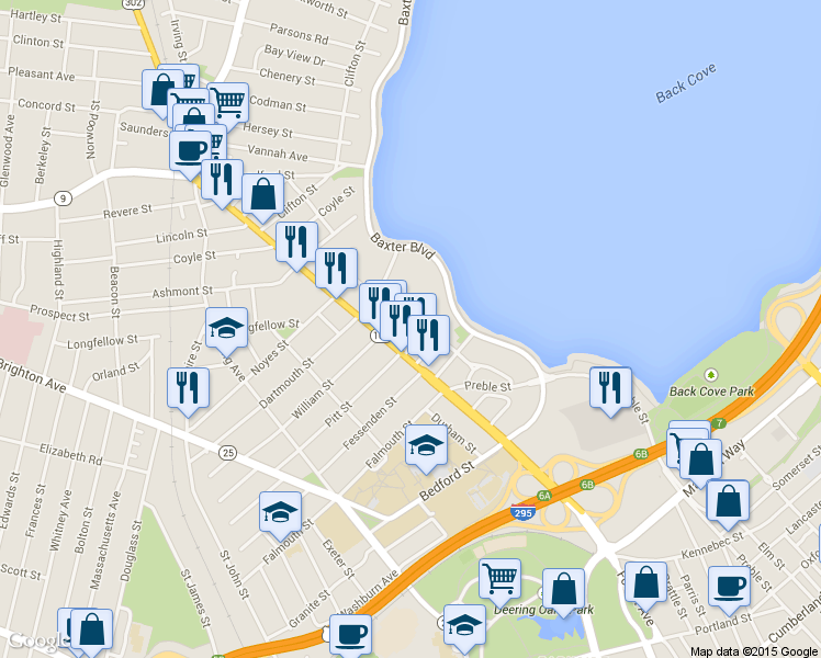map of restaurants, bars, coffee shops, grocery stores, and more near 22 Preble Street in Portland
