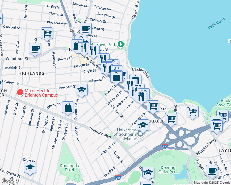 map of restaurants, bars, coffee shops, grocery stores, and more near 10 Freeman Street in Portland
