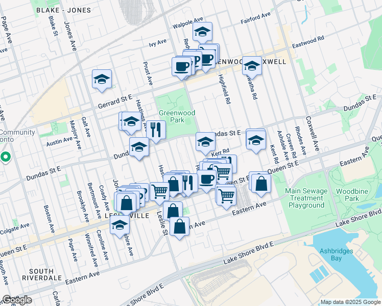 map of restaurants, bars, coffee shops, grocery stores, and more near in Toronto
