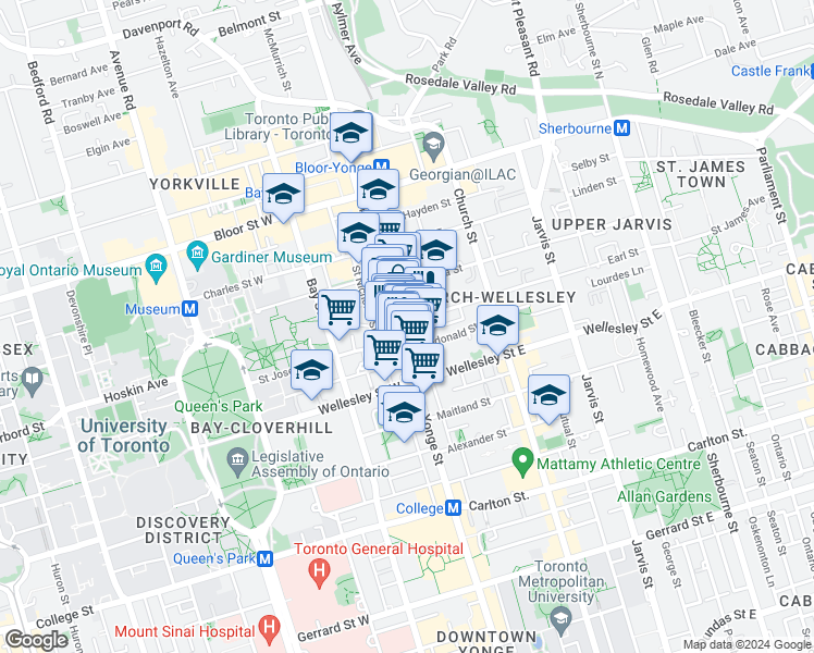 map of restaurants, bars, coffee shops, grocery stores, and more near in Toronto