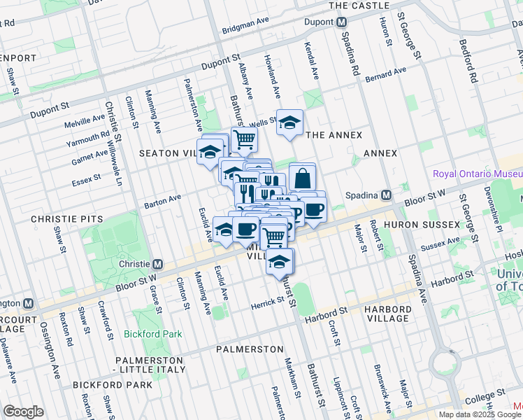 map of restaurants, bars, coffee shops, grocery stores, and more near in Toronto
