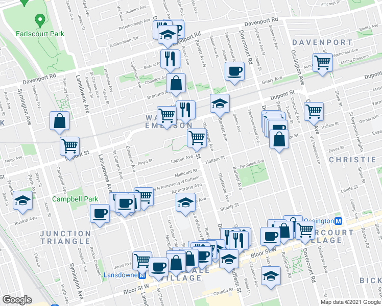 map of restaurants, bars, coffee shops, grocery stores, and more near in Toronto