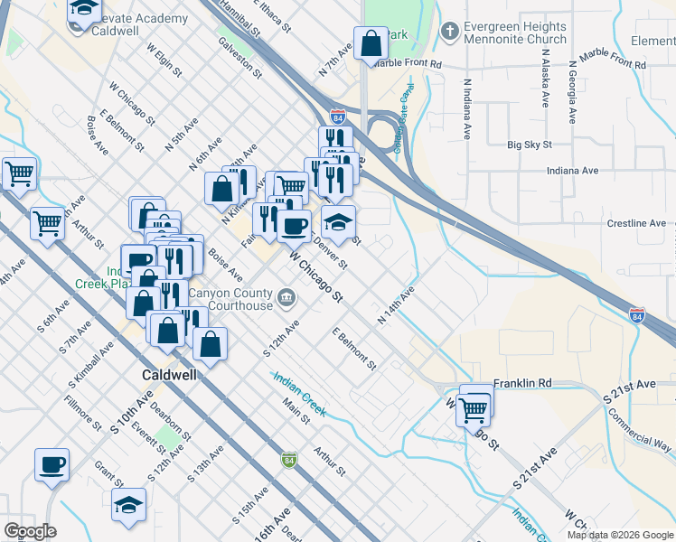 map of restaurants, bars, coffee shops, grocery stores, and more near 1122 East Denver Street in Caldwell