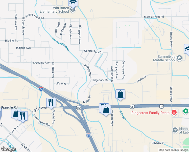 map of restaurants, bars, coffee shops, grocery stores, and more near 3408 Parktrail Court in Caldwell