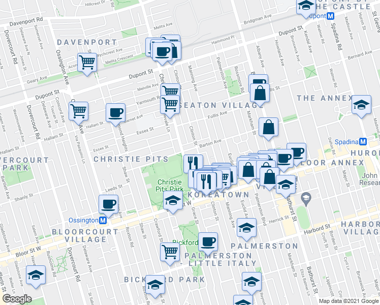 map of restaurants, bars, coffee shops, grocery stores, and more near 139 Barton Avenue in Toronto