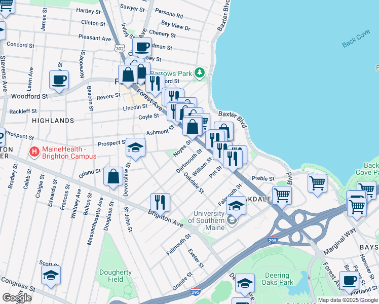map of restaurants, bars, coffee shops, grocery stores, and more near 10 Freeman Street in Portland