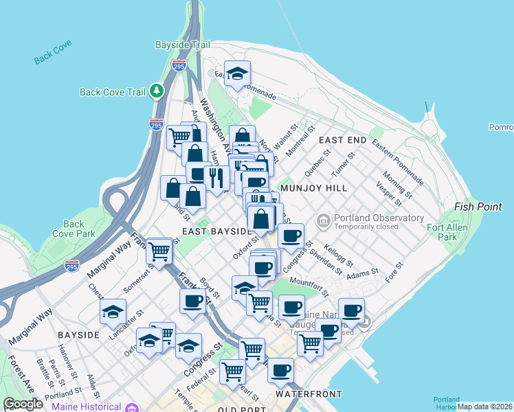 map of restaurants, bars, coffee shops, grocery stores, and more near 93 Washington Avenue in Portland