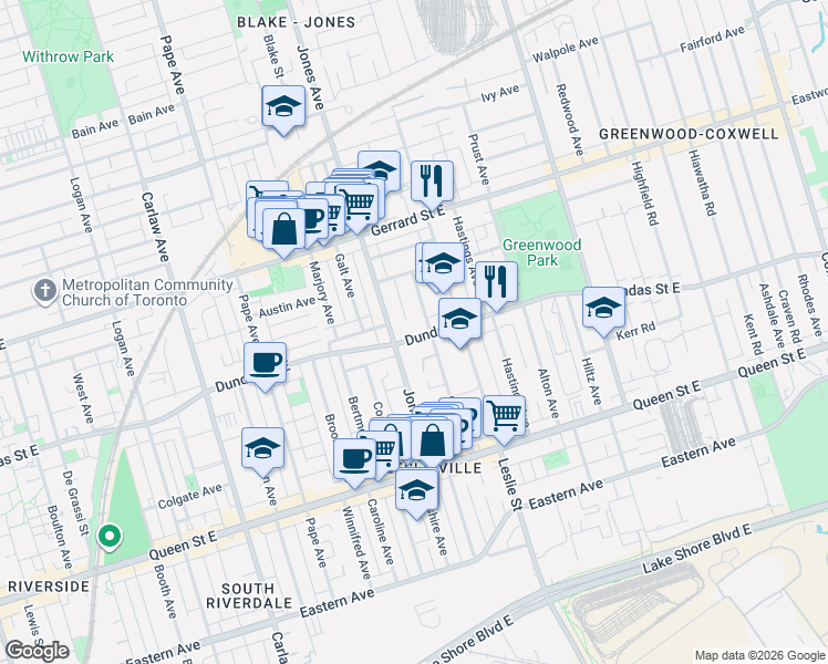 map of restaurants, bars, coffee shops, grocery stores, and more near 1448 Dundas Street East in Toronto