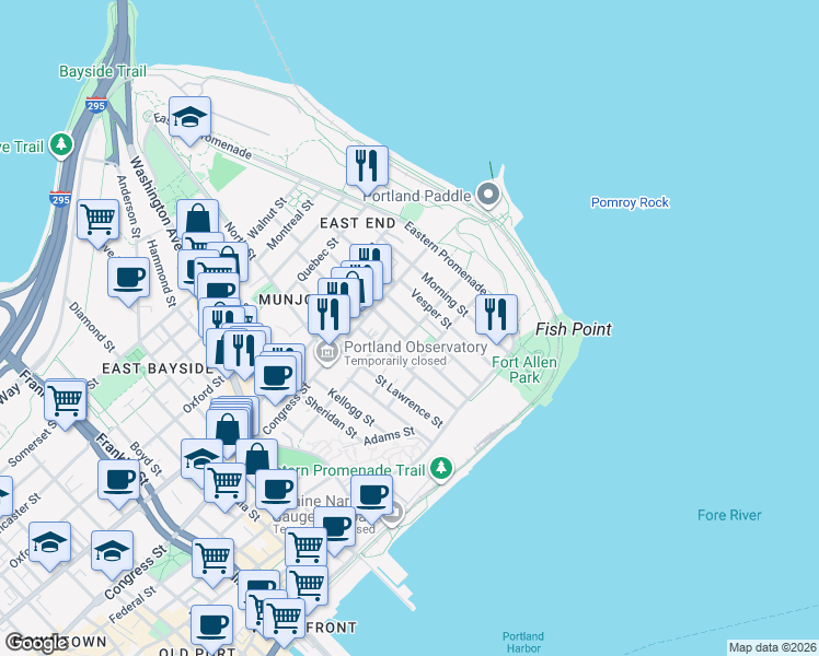 map of restaurants, bars, coffee shops, grocery stores, and more near 49 Moody Street in Portland