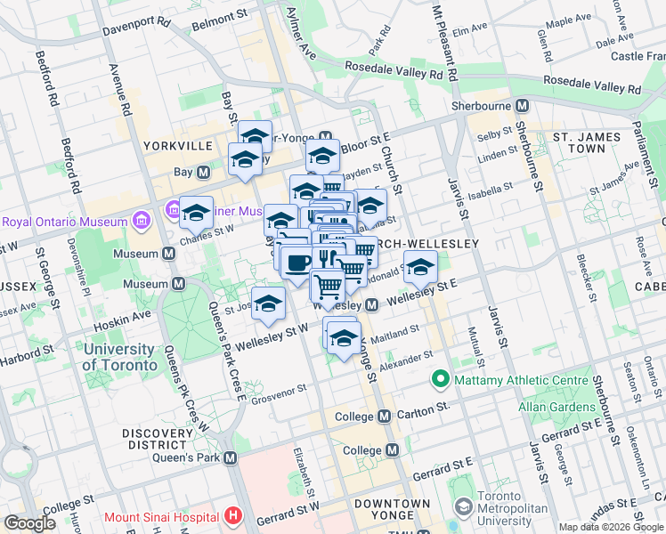 map of restaurants, bars, coffee shops, grocery stores, and more near 11 Irwin Avenue in Toronto