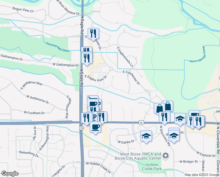 map of restaurants, bars, coffee shops, grocery stores, and more near 341 East Fishing Creek Lane in Eagle
