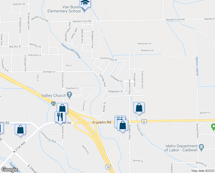 map of restaurants, bars, coffee shops, grocery stores, and more near 3408 Parktrail Court in Caldwell