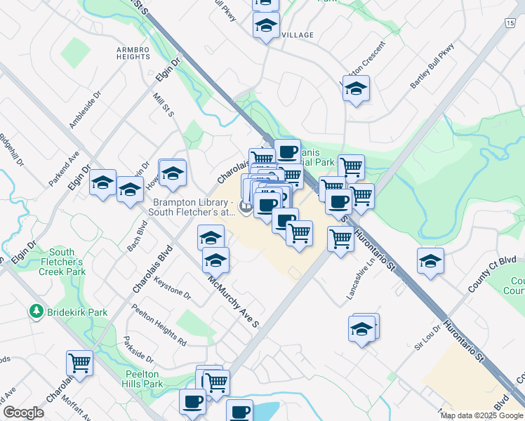 map of restaurants, bars, coffee shops, grocery stores, and more near 499 Main Street South in Brampton