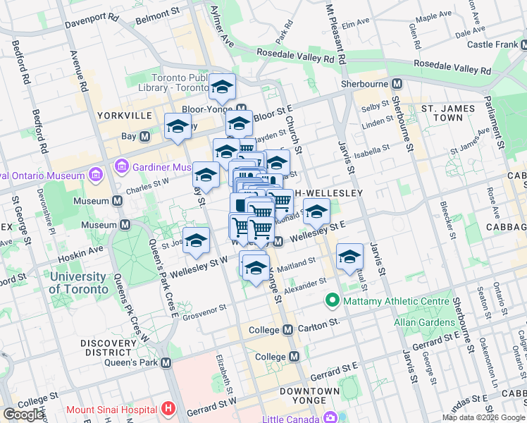map of restaurants, bars, coffee shops, grocery stores, and more near 9 Gloucester Street in Toronto
