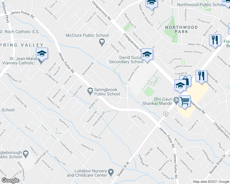 map of restaurants, bars, coffee shops, grocery stores, and more near 11 Durango Drive in Brampton