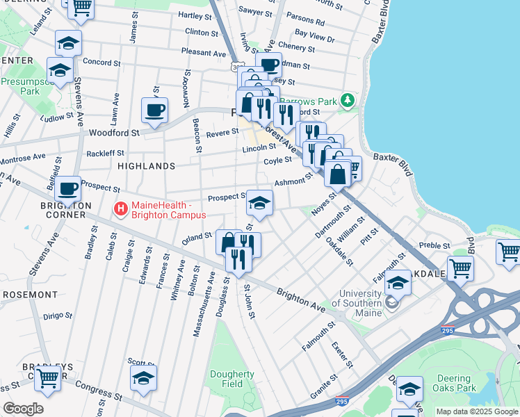 map of restaurants, bars, coffee shops, grocery stores, and more near 89 Devonshire Street in Portland