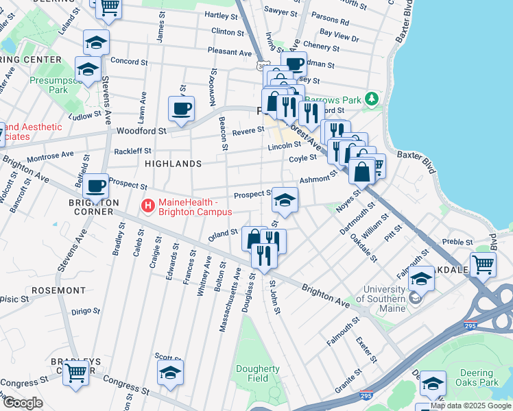 map of restaurants, bars, coffee shops, grocery stores, and more near 117 Longfellow Street in Portland
