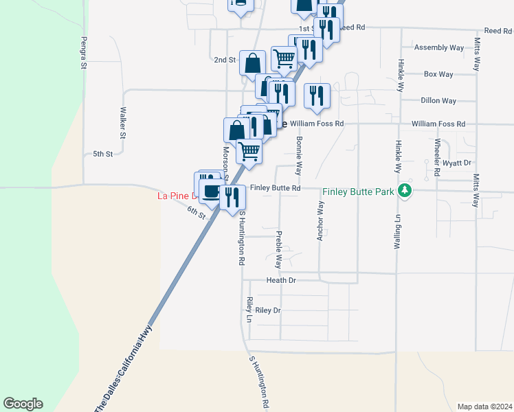 map of restaurants, bars, coffee shops, grocery stores, and more near 51382 Huntington Road in La Pine