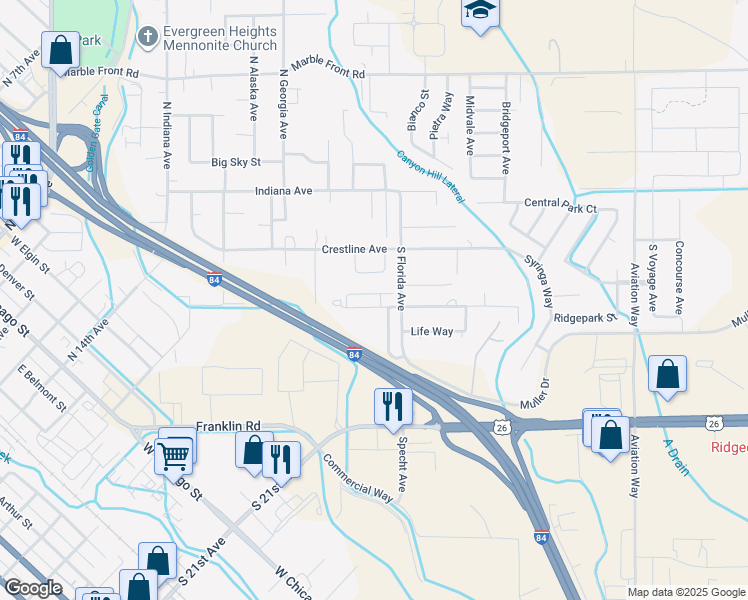 map of restaurants, bars, coffee shops, grocery stores, and more near 520 South Florida Avenue in Caldwell