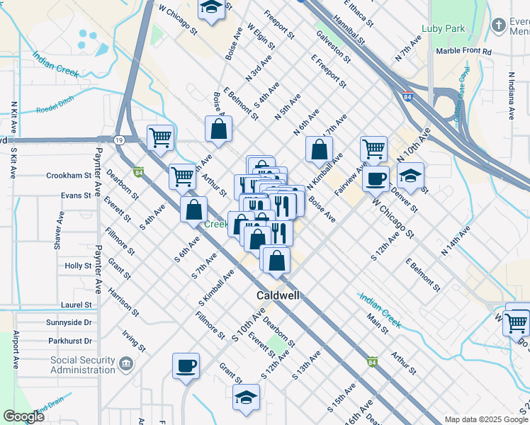 map of restaurants, bars, coffee shops, grocery stores, and more near in Caldwell