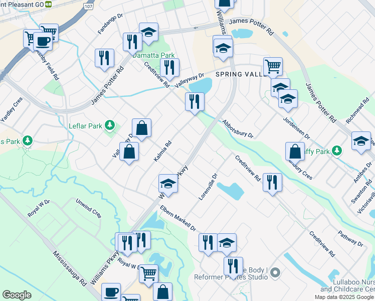 map of restaurants, bars, coffee shops, grocery stores, and more near 32 Orangeblossom Trail in Brampton