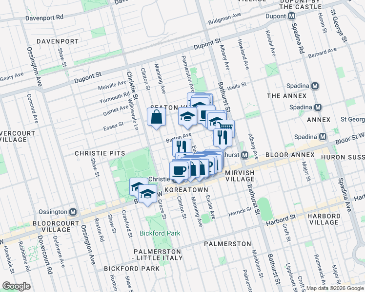 map of restaurants, bars, coffee shops, grocery stores, and more near 739 Manning Avenue in Toronto
