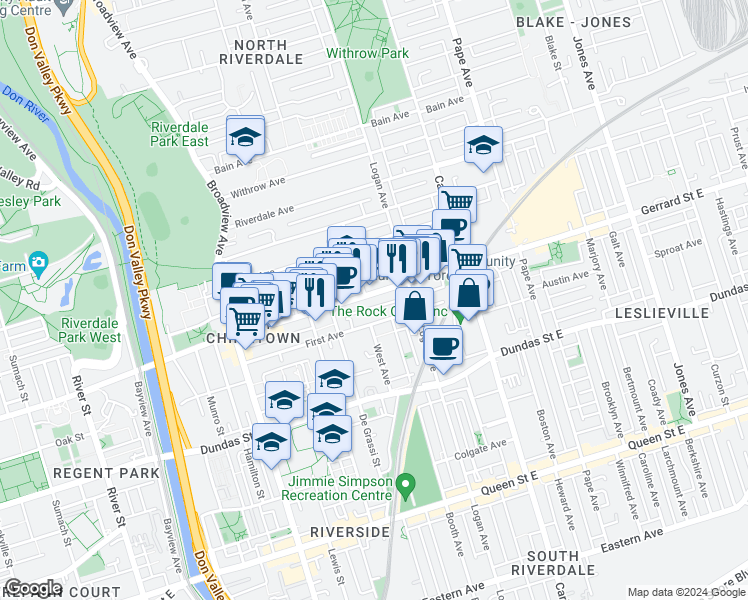 map of restaurants, bars, coffee shops, grocery stores, and more near 759 Gerrard Street East in Toronto