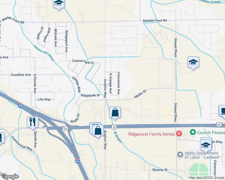map of restaurants, bars, coffee shops, grocery stores, and more near 421 S Voyage Ave in Caldwell