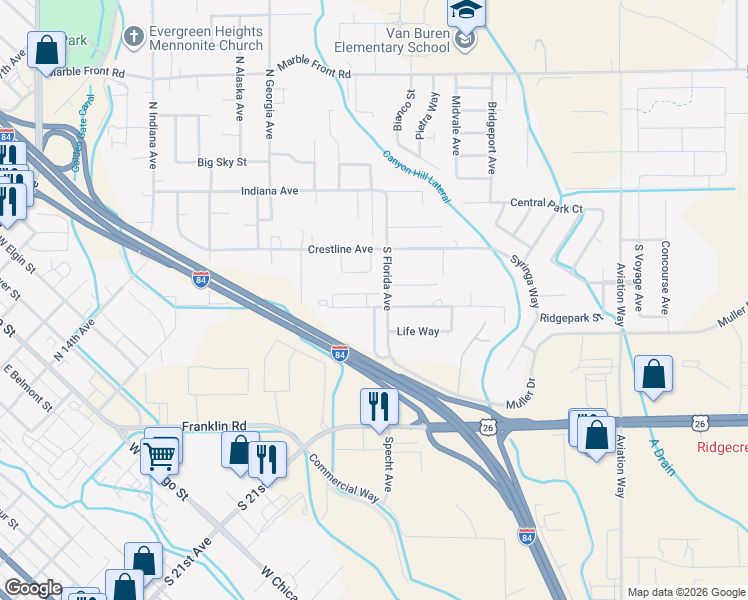 map of restaurants, bars, coffee shops, grocery stores, and more near 520 South Florida Avenue in Caldwell