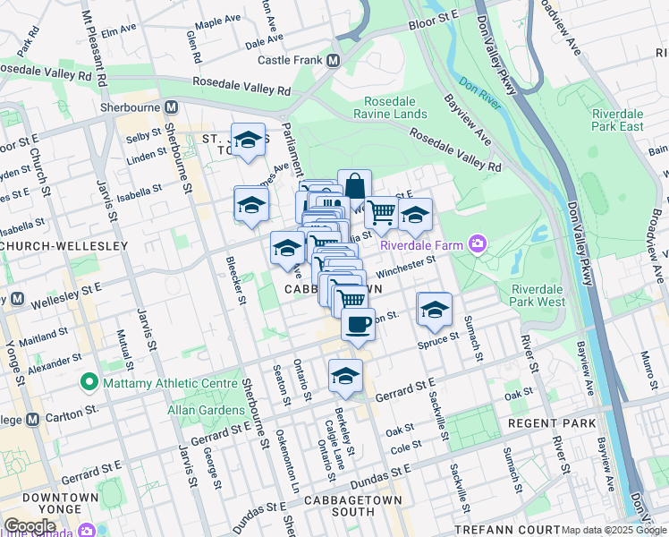 map of restaurants, bars, coffee shops, grocery stores, and more near in Toronto