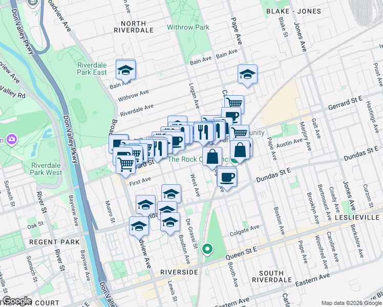 map of restaurants, bars, coffee shops, grocery stores, and more near 759 Gerrard Street East in Toronto
