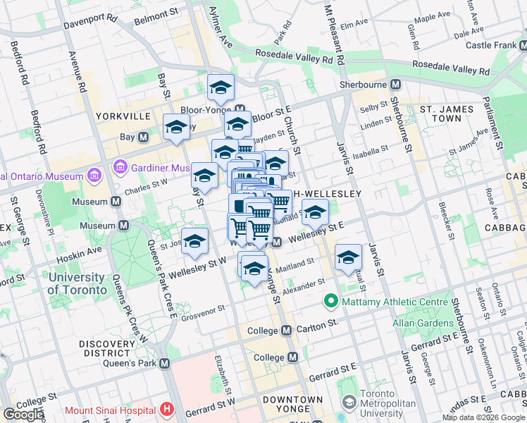 map of restaurants, bars, coffee shops, grocery stores, and more near 11 Gloucester Street in Toronto