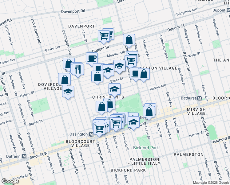 map of restaurants, bars, coffee shops, grocery stores, and more near 79 Pendrith Street in Toronto