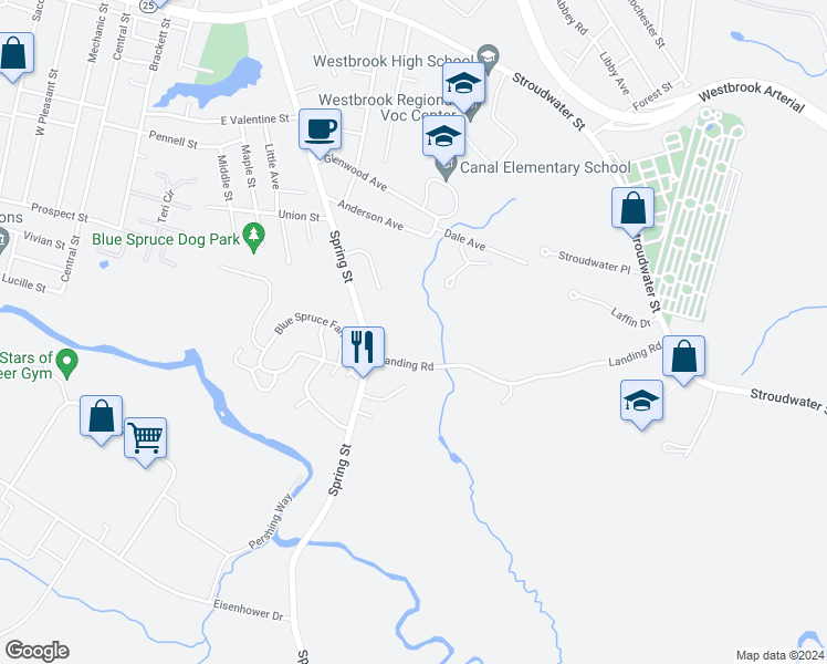 map of restaurants, bars, coffee shops, grocery stores, and more near 300 Spring Street in Westbrook