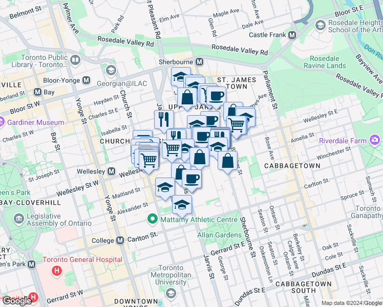 map of restaurants, bars, coffee shops, grocery stores, and more near 136 Wellesley Street East in Toronto