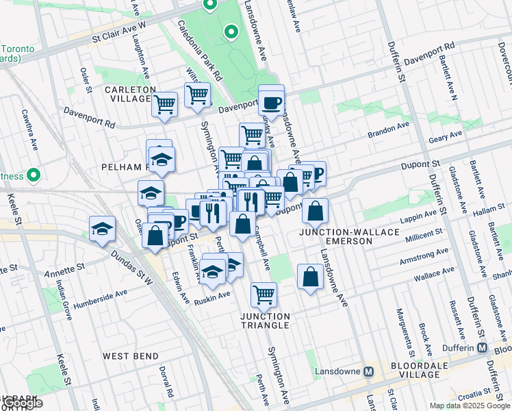 map of restaurants, bars, coffee shops, grocery stores, and more near 1485 Dupont Street in Toronto