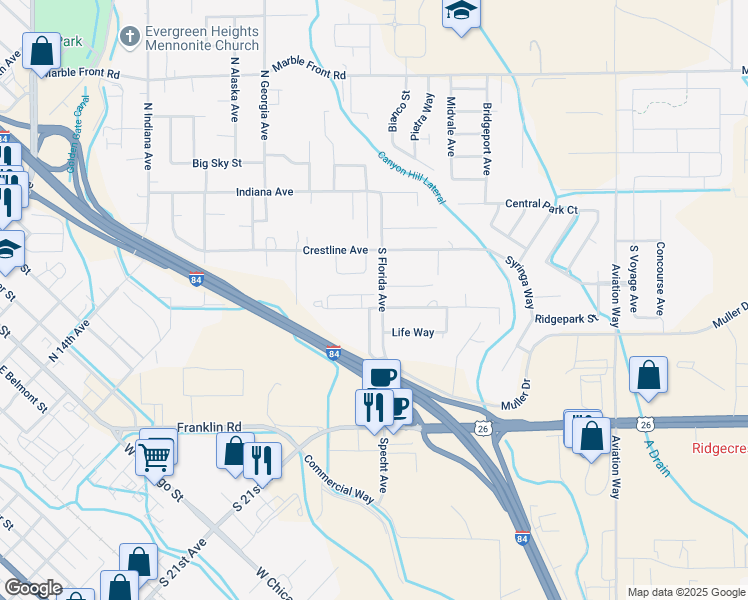 map of restaurants, bars, coffee shops, grocery stores, and more near 520 South Florida Avenue in Caldwell