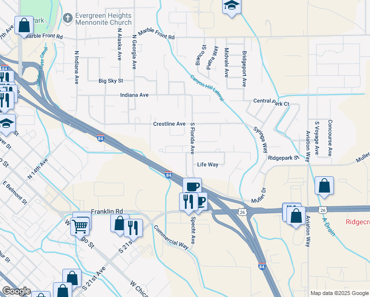 map of restaurants, bars, coffee shops, grocery stores, and more near 520 South Florida Avenue in Caldwell