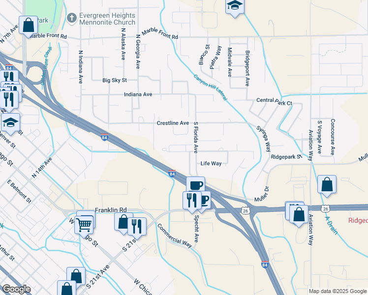 map of restaurants, bars, coffee shops, grocery stores, and more near 520 South Florida Avenue in Caldwell