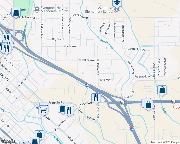 map of restaurants, bars, coffee shops, grocery stores, and more near 520 South Florida Avenue in Caldwell