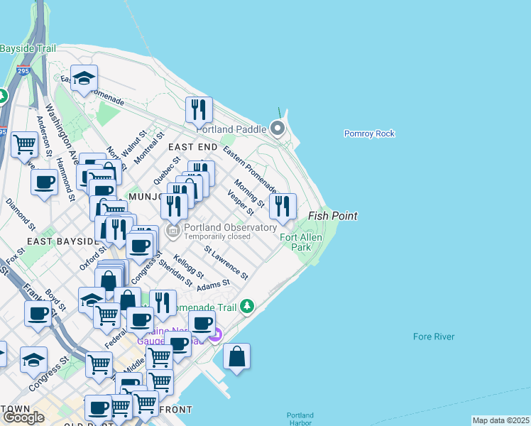 map of restaurants, bars, coffee shops, grocery stores, and more near 25 Morning Street in Portland