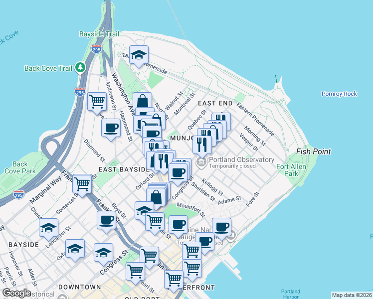 map of restaurants, bars, coffee shops, grocery stores, and more near 32 North Street in Portland