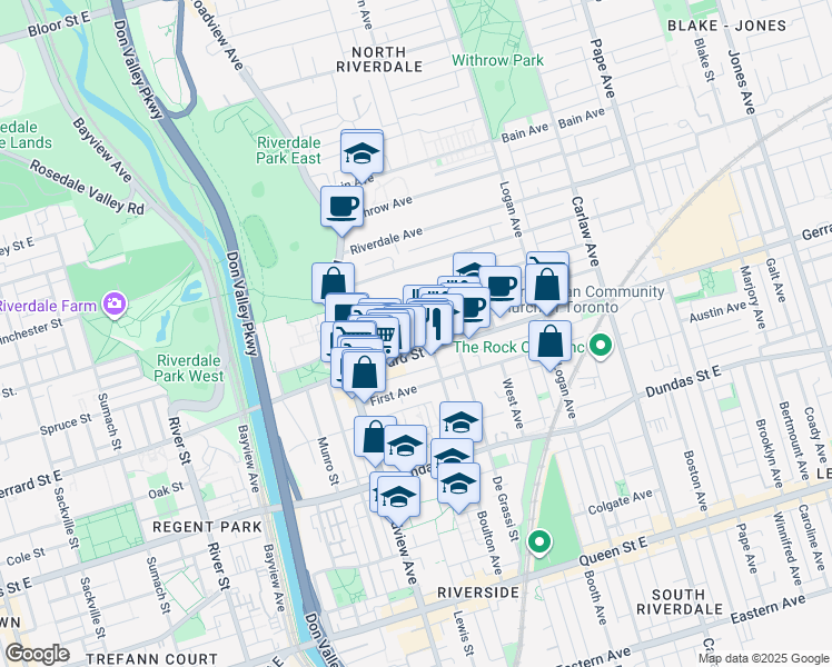 map of restaurants, bars, coffee shops, grocery stores, and more near 672 Boulton Avenue in Toronto