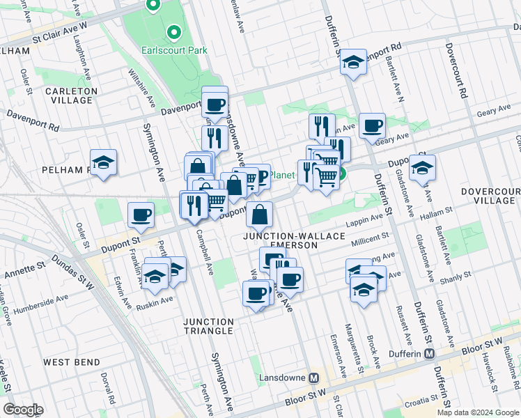 map of restaurants, bars, coffee shops, grocery stores, and more near in Toronto