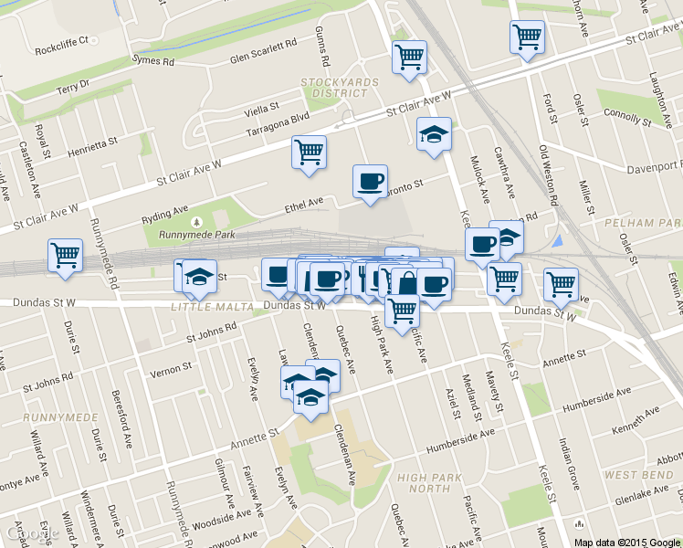 map of restaurants, bars, coffee shops, grocery stores, and more near in Toronto