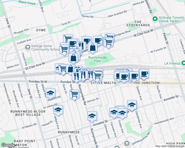map of restaurants, bars, coffee shops, grocery stores, and more near in Toronto