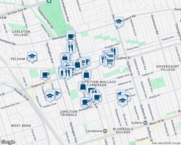 map of restaurants, bars, coffee shops, grocery stores, and more near in Toronto