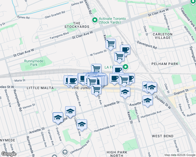 map of restaurants, bars, coffee shops, grocery stores, and more near Vine Avenue in Toronto