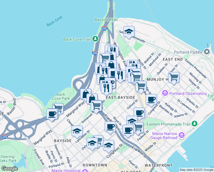 map of restaurants, bars, coffee shops, grocery stores, and more near 31 Diamond Street in Portland