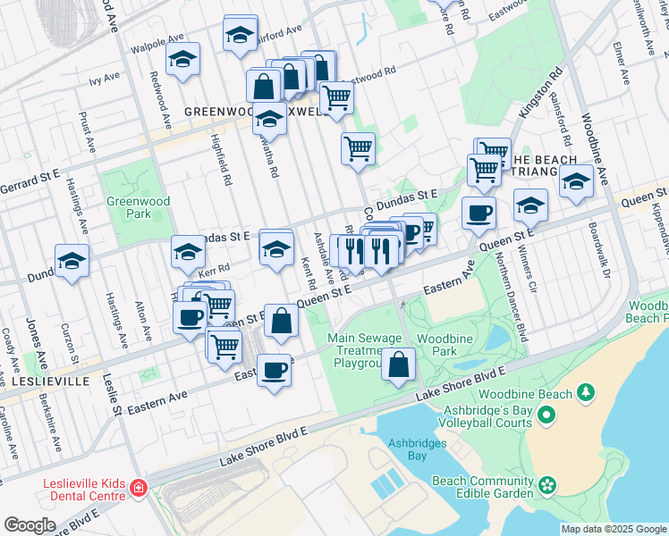 map of restaurants, bars, coffee shops, grocery stores, and more near 21 Ashdale Avenue in Toronto